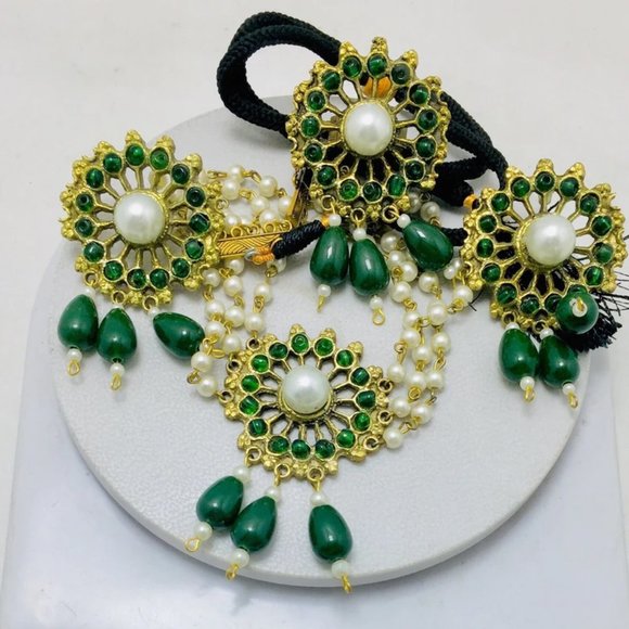 Green Stone and White Pearls Jewelry Set, Tribal Stones and Pearls Jewelry - Picture 5 of 9
